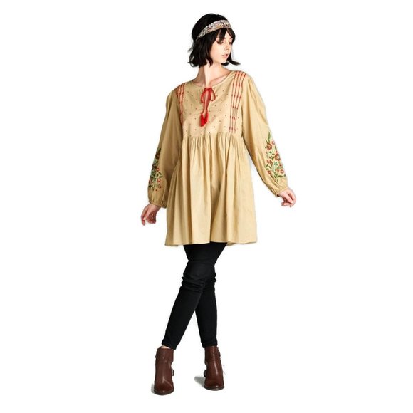 Velvera Floral Embroidered Peasant Dress, Mocha - Picture 2 of 3